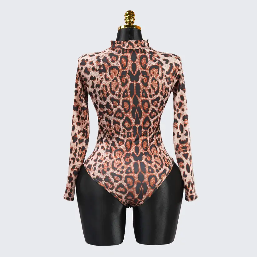 Sexy Leopard Long Sleeve Zipper Bodysuit