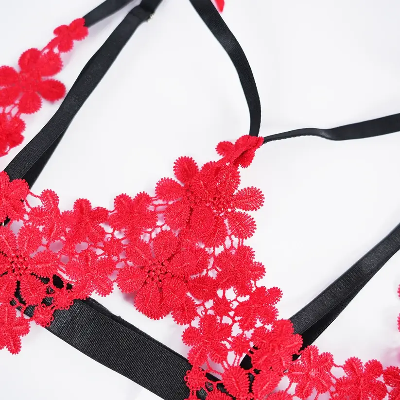 Plus Size Sexy Floral Open Bust Bra Thong Three Point Lingerie Set