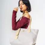 Tote Bag with Contrast Handle - BEIGE