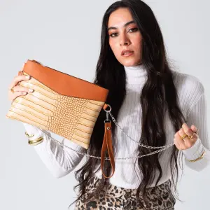 Croc Contrast Clutch-beige