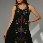 Sleeveless Black Maxi Dress with Colorful Geometric Embroidery