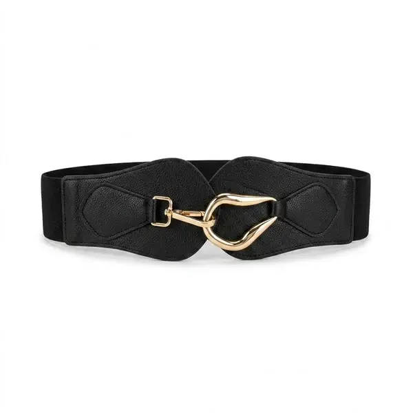 Women's Elastic Wide Waist Belt with Curved Gold Buckle T-54