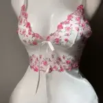 White Sheer Babydoll With Pink Floral Embroidery Set