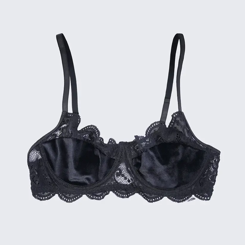 Velvet Lace Trim Sexy Plush See Through Push Up Bra Panty Set