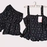 Black Floral Frill Linen x Cotton Cami Set