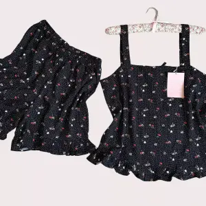 Black Floral Frill Linen x Cotton Cami Set