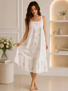 Coral Daisy Embroidered Cotton Dress