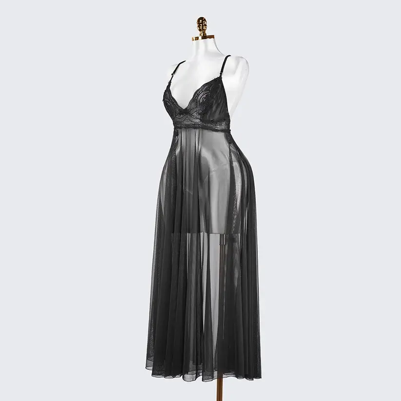 Sheer Embroidered Cutout Long Dress Fine Mesh Lingerie