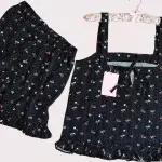Black Floral Frill Linen x Cotton Cami Set