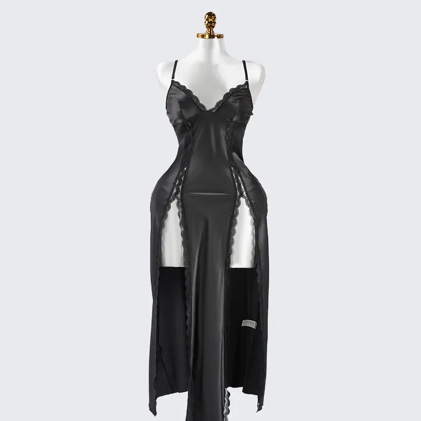 Black Lace Paneled Spaghetti Strap Nightgown