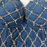Rhinestone Denim Corset Top Underwire Bustier Spaghetti Strap Crop Top
