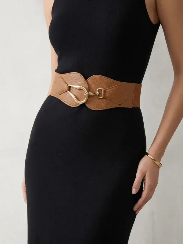 Women's Elastic Wide Waist Belt with Curved Gold Buckle T-54