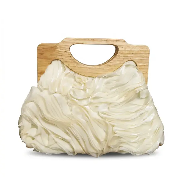 English: Elegant Ruched Handbag with Natural Wooden Handle. VS-53