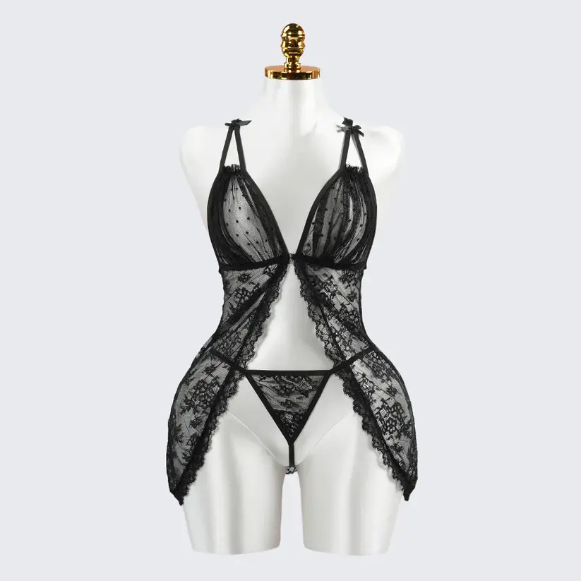 Sexy Black Lace Embroidery Sheer Seduction Babydoll Lingerie