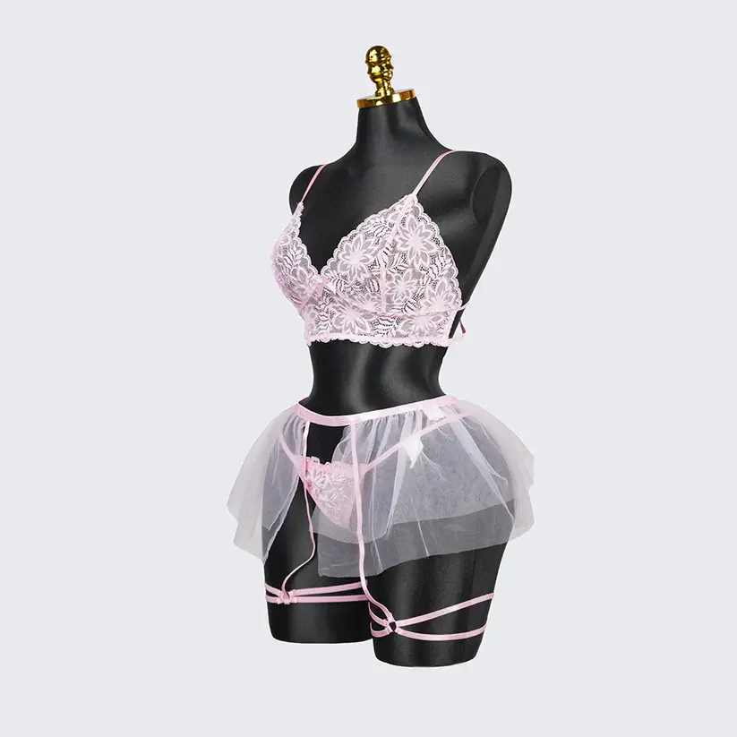 Plus Size Sheer Lace Bra Panty Set with Mesh Skirt