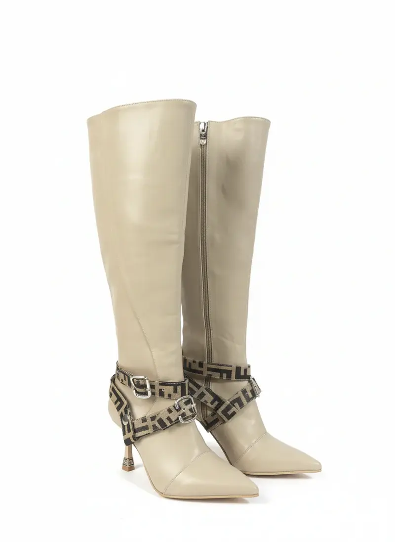Boots with Decorative Ankle Straps Elegant Knee-High R-60