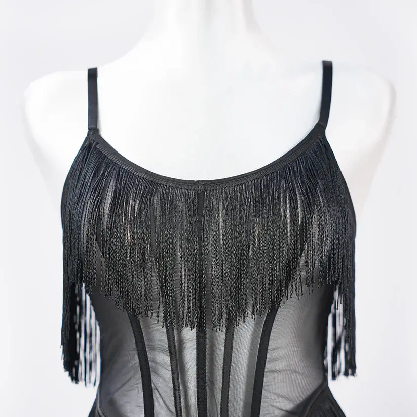 Black Sheer Fringe Corset Panty Set