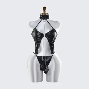 Sexy Black Leather Lingerie Bodysuit