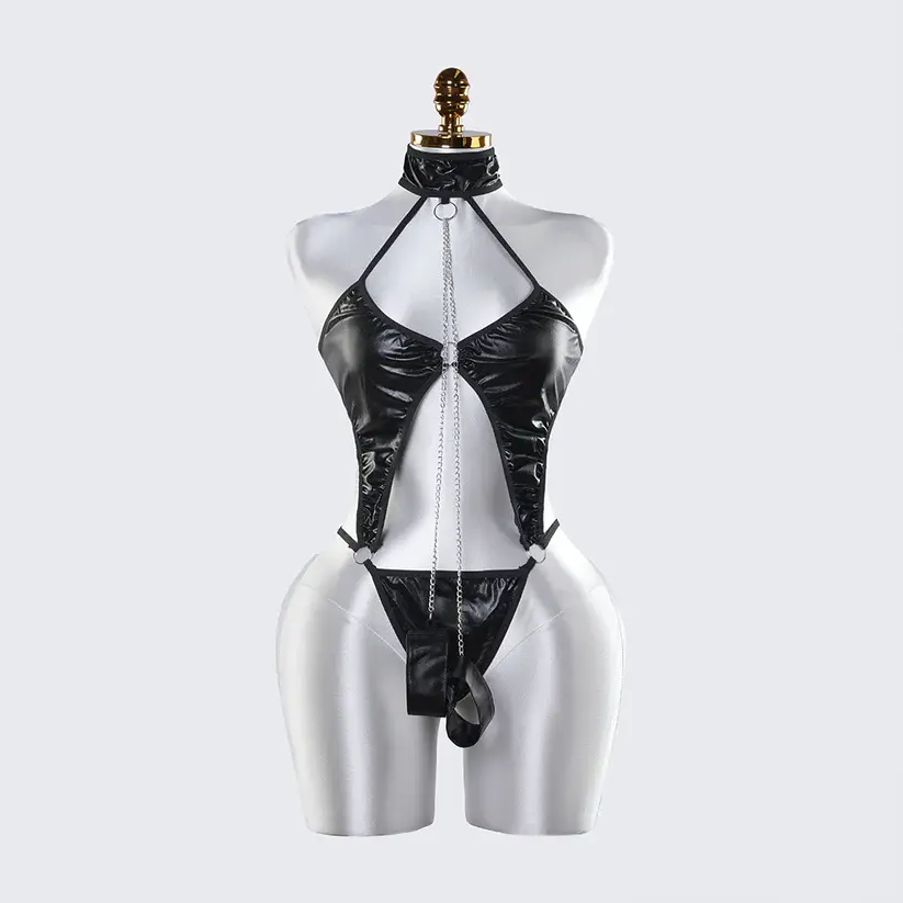 Sexy Black Leather Lingerie Bodysuit