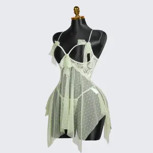Light Green Lace See-through Lingerie Dress Panty Set