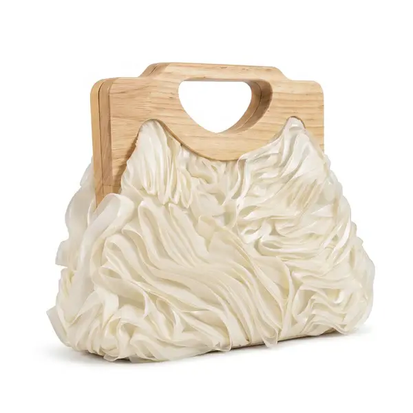 English: Elegant Ruched Handbag with Natural Wooden Handle. VS-53