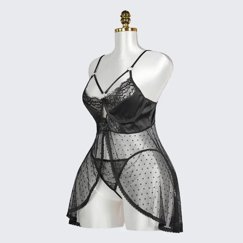 Black Polka Dot Mesh Gauze Top Panty Set
