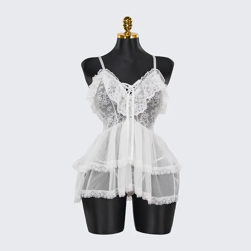 Lace Embroidery Deep V See-Through Babydoll Skirt