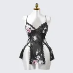 Black Lace Embroidery Seduction High Slit Suspender Panty Set