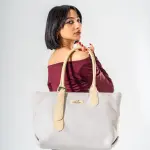 Tote Bag with Contrast Handle - BEIGE