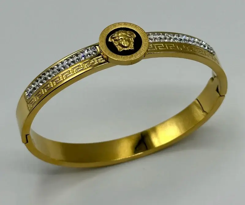Luxury Gold Bangle with Classic Engraving & Medusa Icon - BR-17