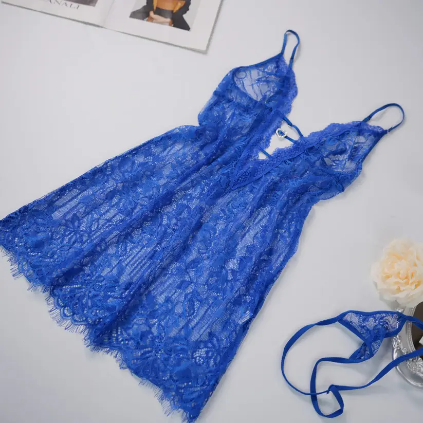 Blue Whispers Lace Lingerie Dress Panty Set