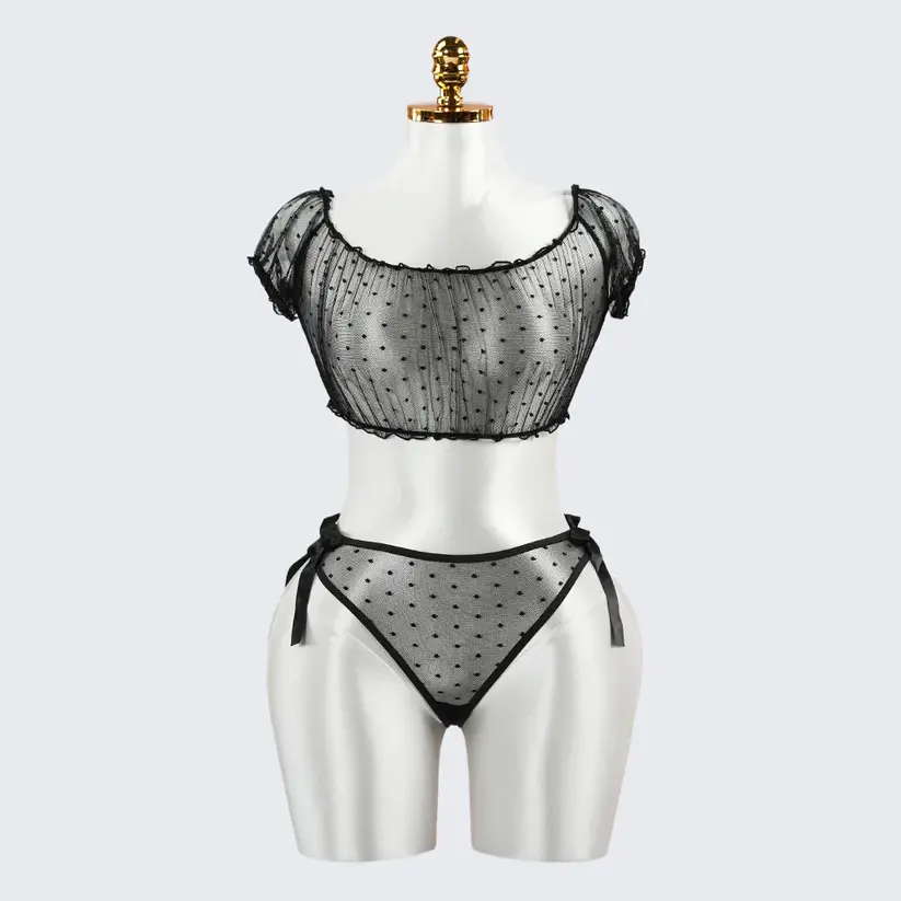 Black Polka Dot See-Through Hollow Bra Panty Set