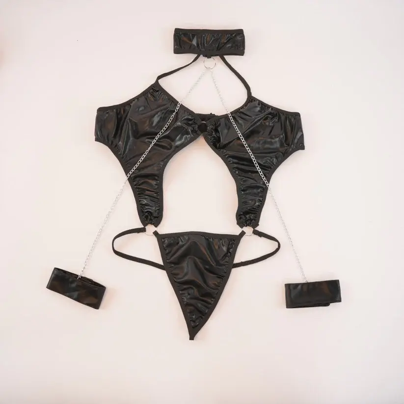Sexy Black Leather Lingerie Bodysuit