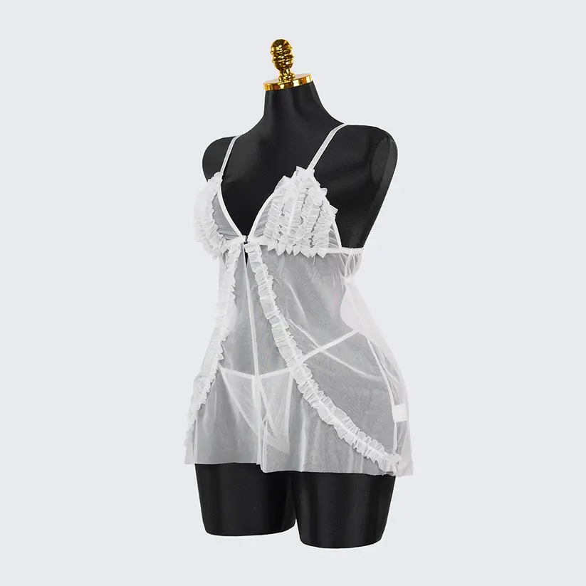 Lace Embroidery Deep V See-Through High Slit Babydoll Thong Set