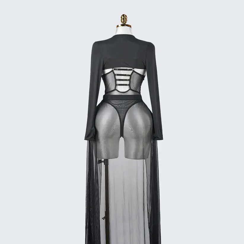 Black Sheer Mesh Bodysuit Dress Set