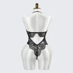 Black Floral Lace Embroidery See-through Bodysuit
