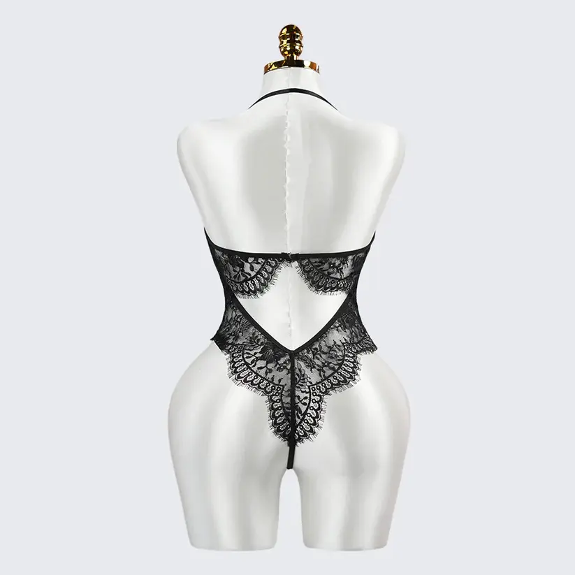 Black Floral Lace Embroidery See-through Bodysuit