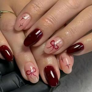 12pcs oval-shaped bow design white french nails