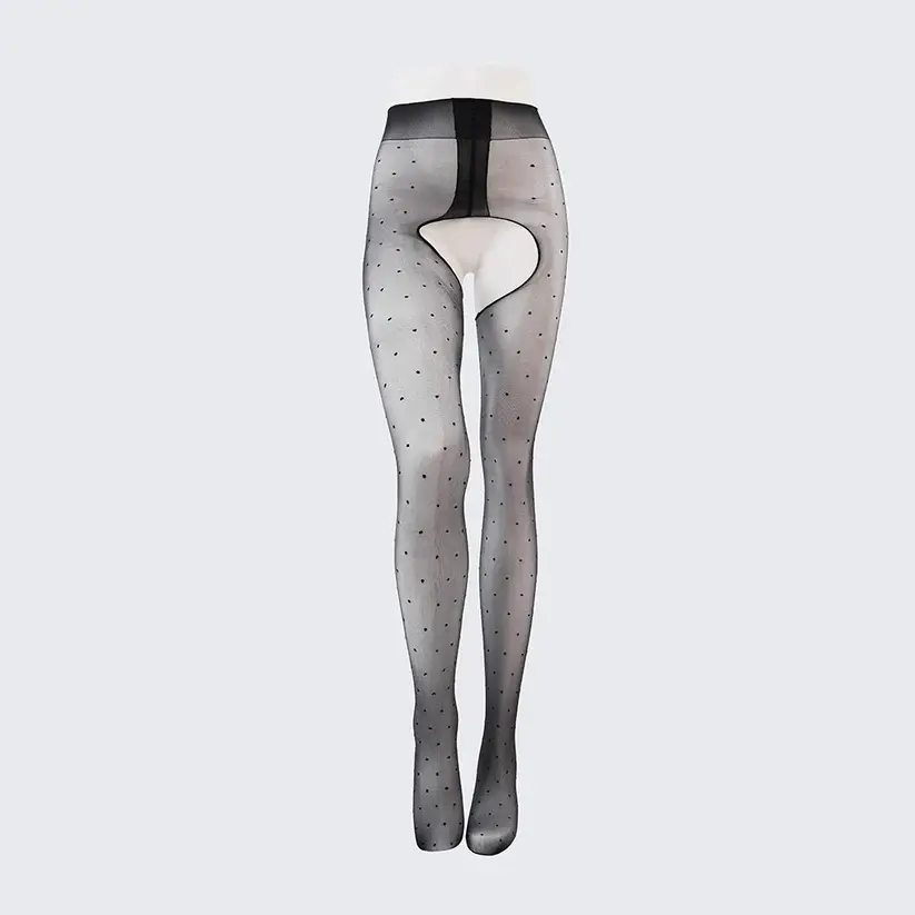 Sexy Crotchless Pantyhose Ultra-Thin 0D Polka Dot High Waist Shiny Black