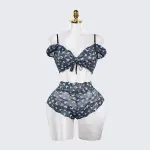 Blue Butterfly Print Sheer Black Mesh Bra Panty Set