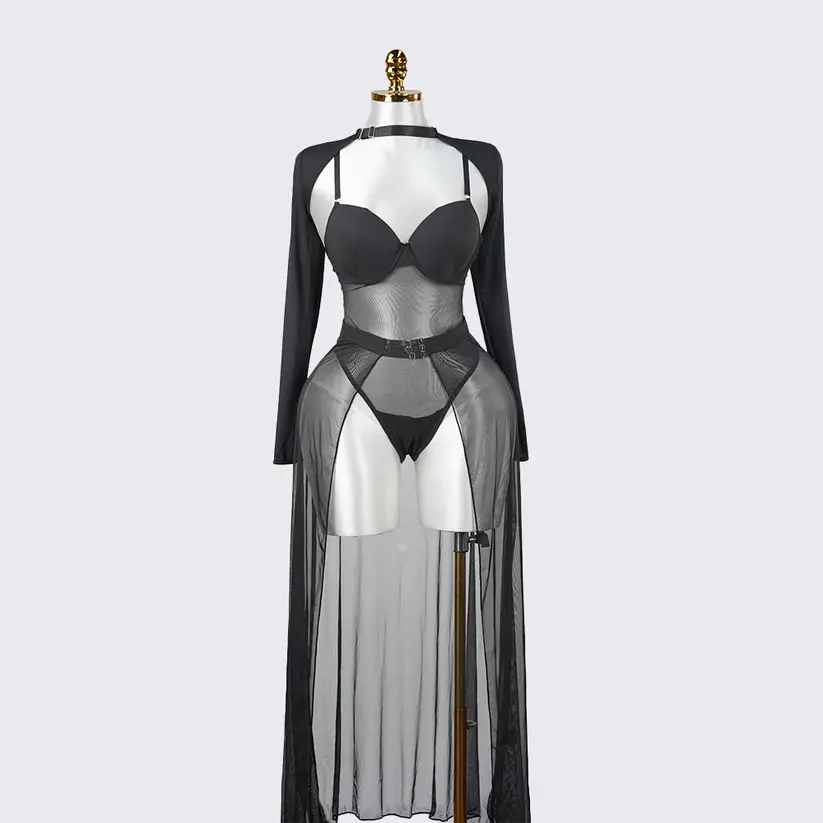 Black Sheer Mesh Bodysuit Dress Set