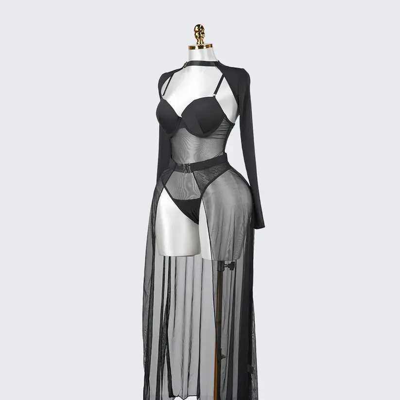 Black Sheer Mesh Bodysuit Dress Set