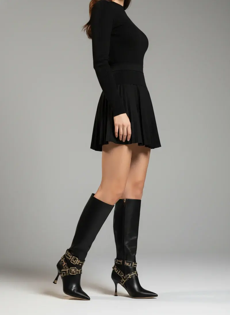 Boots with Decorative Ankle Straps Elegant Knee-High R-60