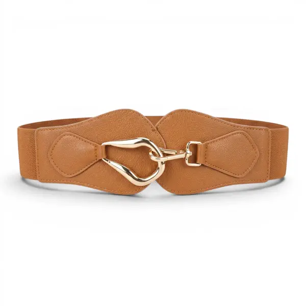 Women's Elastic Wide Waist Belt with Curved Gold Buckle T-54