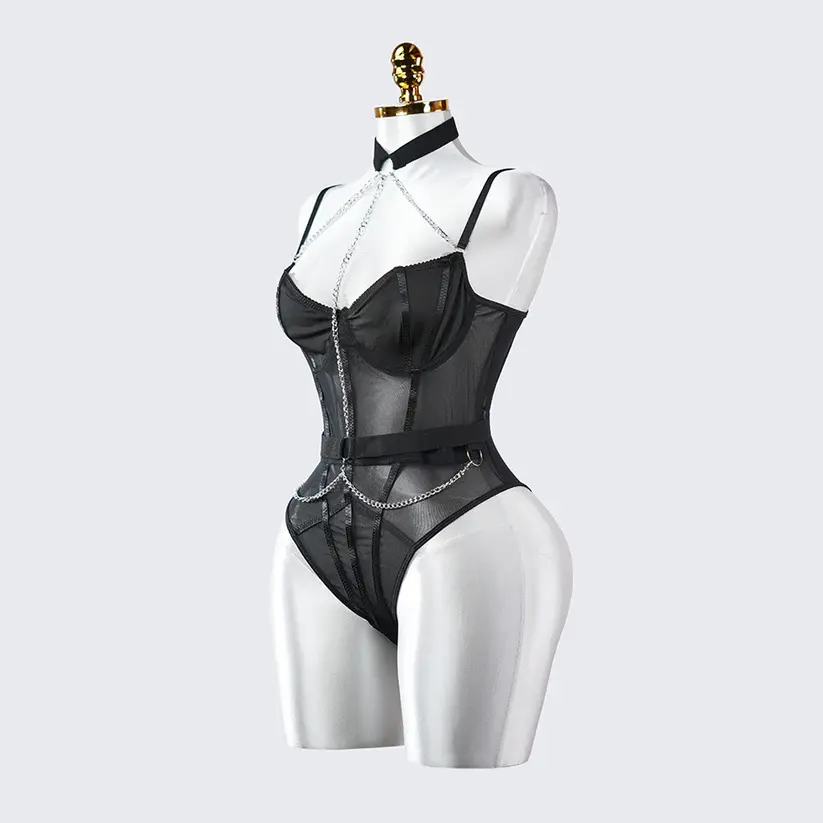 Lace See-Through Metal Chain Bodysuit