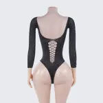 Rhinestone Long Sleeve Bodysuit Cutout See-Through Lingerie