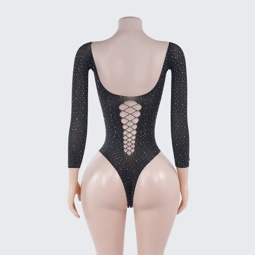 Rhinestone Long Sleeve Bodysuit Cutout See-Through Lingerie