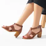 Leather Block Heel Sandals – Perforated Design - C-69