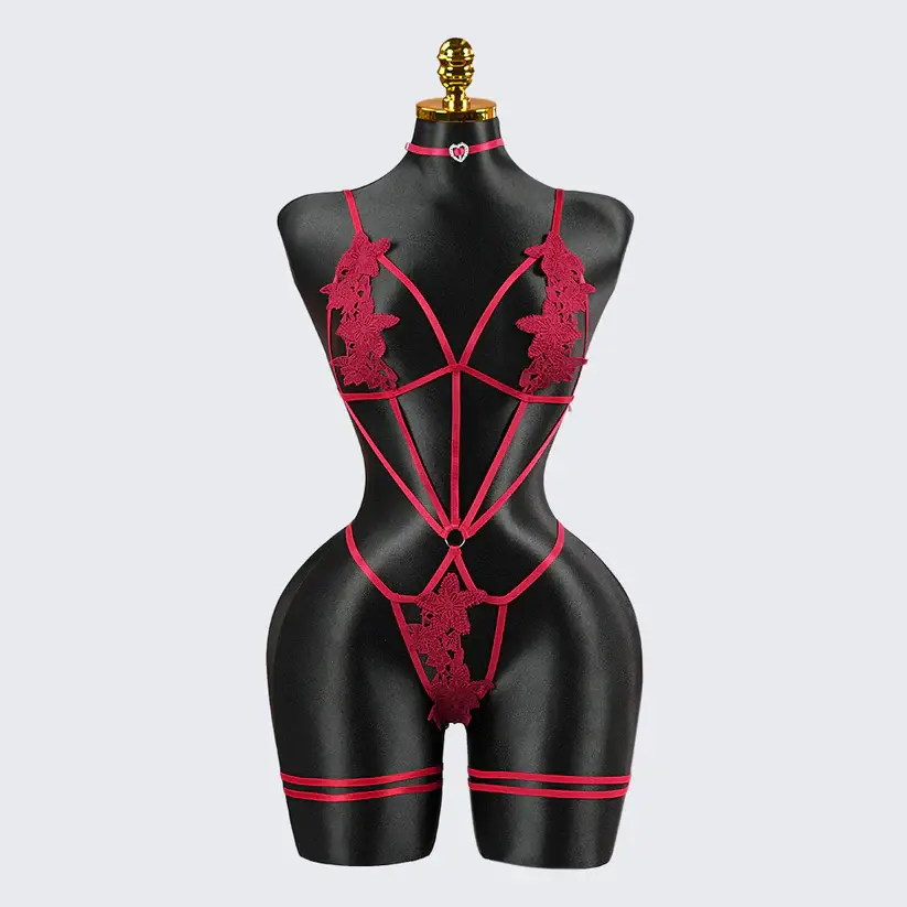 Crimson Seduction Red Lace Embroidery Seduction Bodysuit