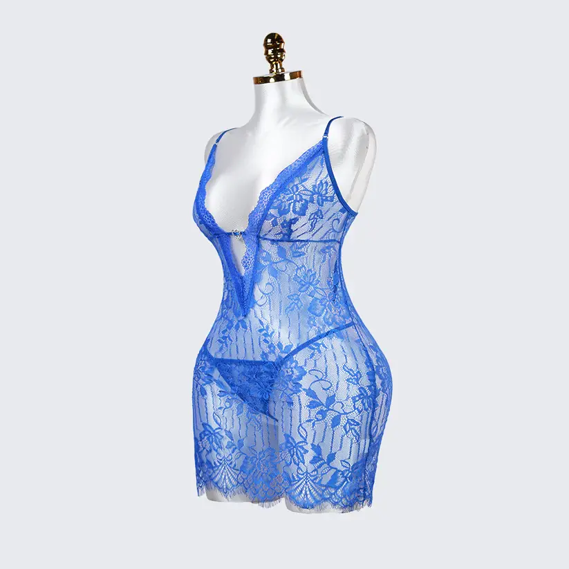Blue Whispers Lace Lingerie Dress Panty Set